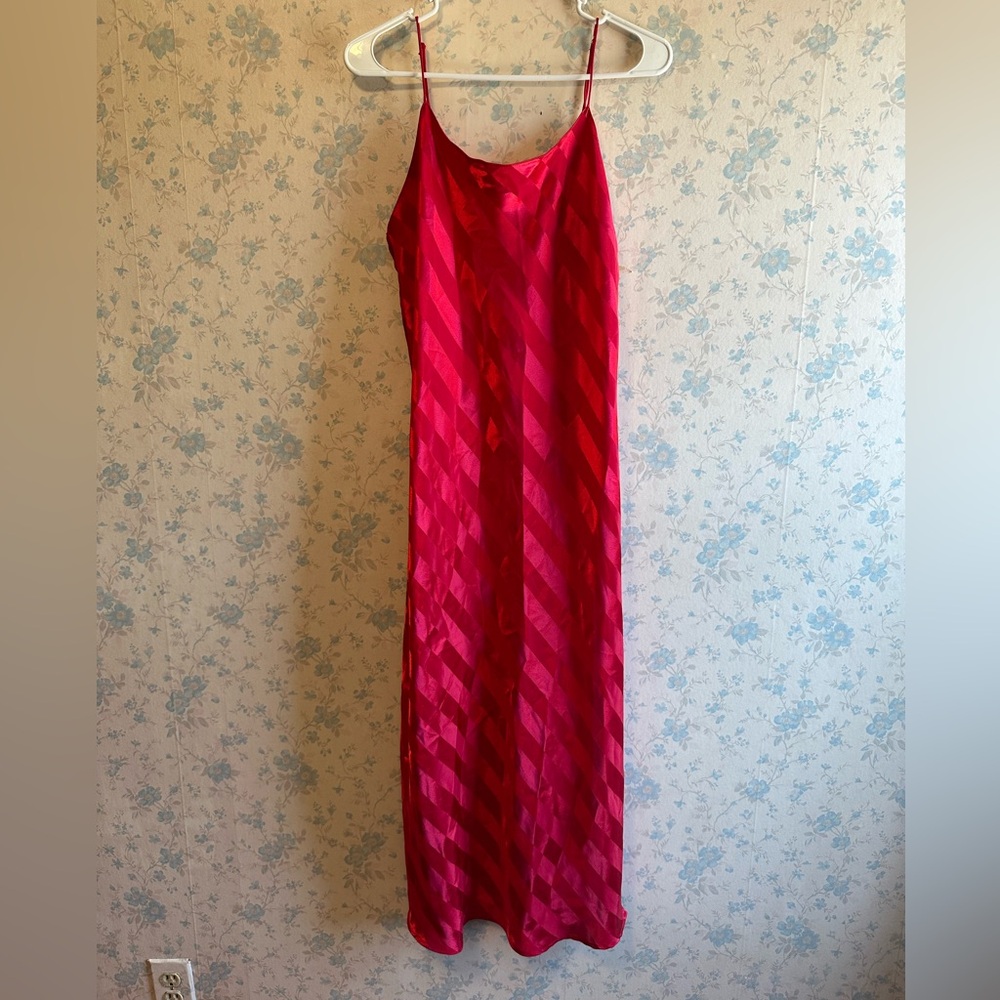 VTG 90s VICTORIA SECRET Gold Label Stripe Maxi Slip Nightgown Dress Slit Red M